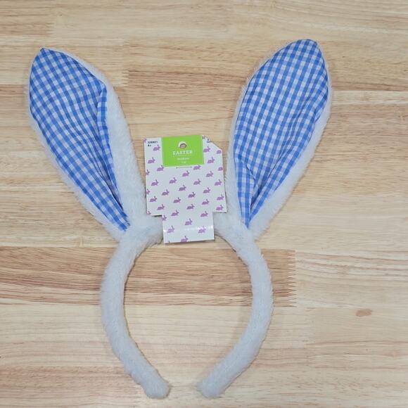 Easter Costume Cosplay Rabbit Bunny Ears Headband Blue White Plaid Wired - Picture 2 of 9
